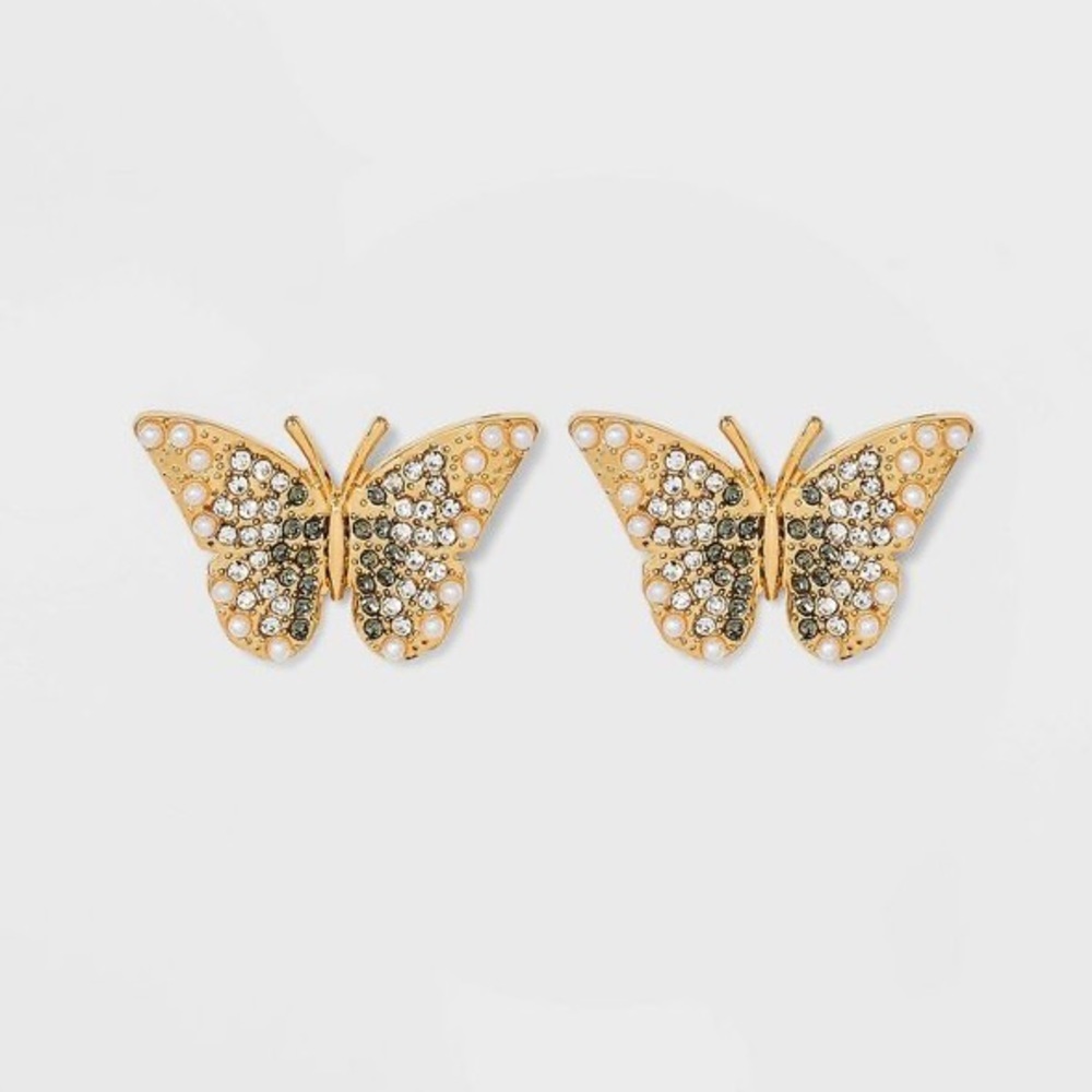 SUGARFIX by BaubleBar Crystal Wings Butterfly Stud Statement Earrings -Gold, NWT